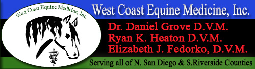 West Coast Equine Medicine, Inc. ~ Serving North San Diego Country ~ South Riverside County ~ California ~ Dr. Daniel H. Grove, DVM ~ Dr. Dawn Brown, DVM ~ Veterinary Medicine ~ On-call 24 hrs a day/7 days a week ~ Radiography and Motorized Dental Equipment ~ Ultra sound ~ advanced Reproductive Techniques